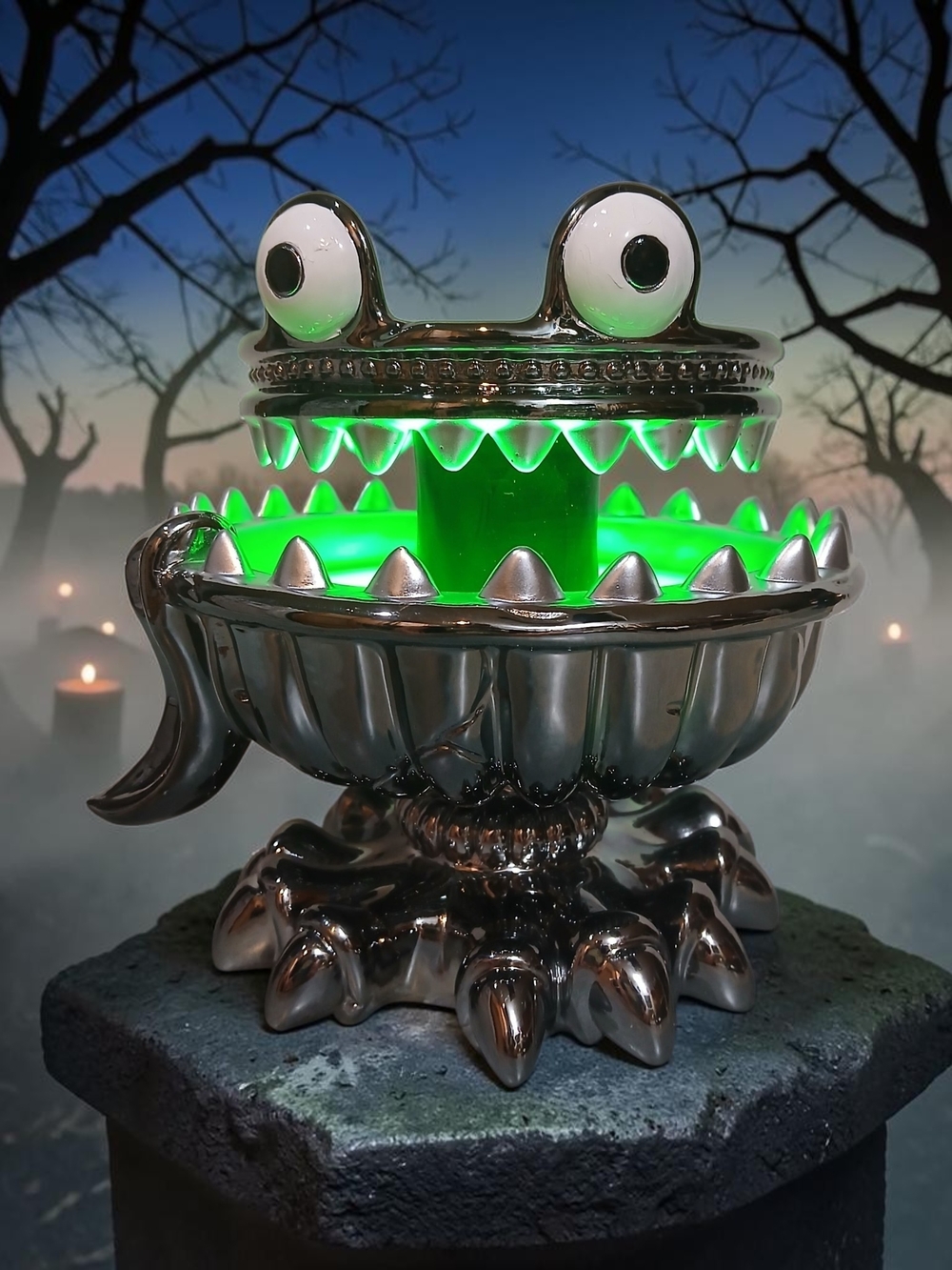 Silver Monster Candle Holder with Green LED Accent